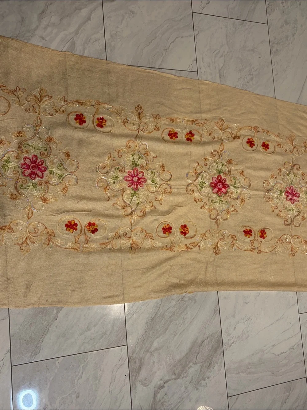 Embroidered Floral Beige shawl/scarf Accented with Pink Flowers and sequins